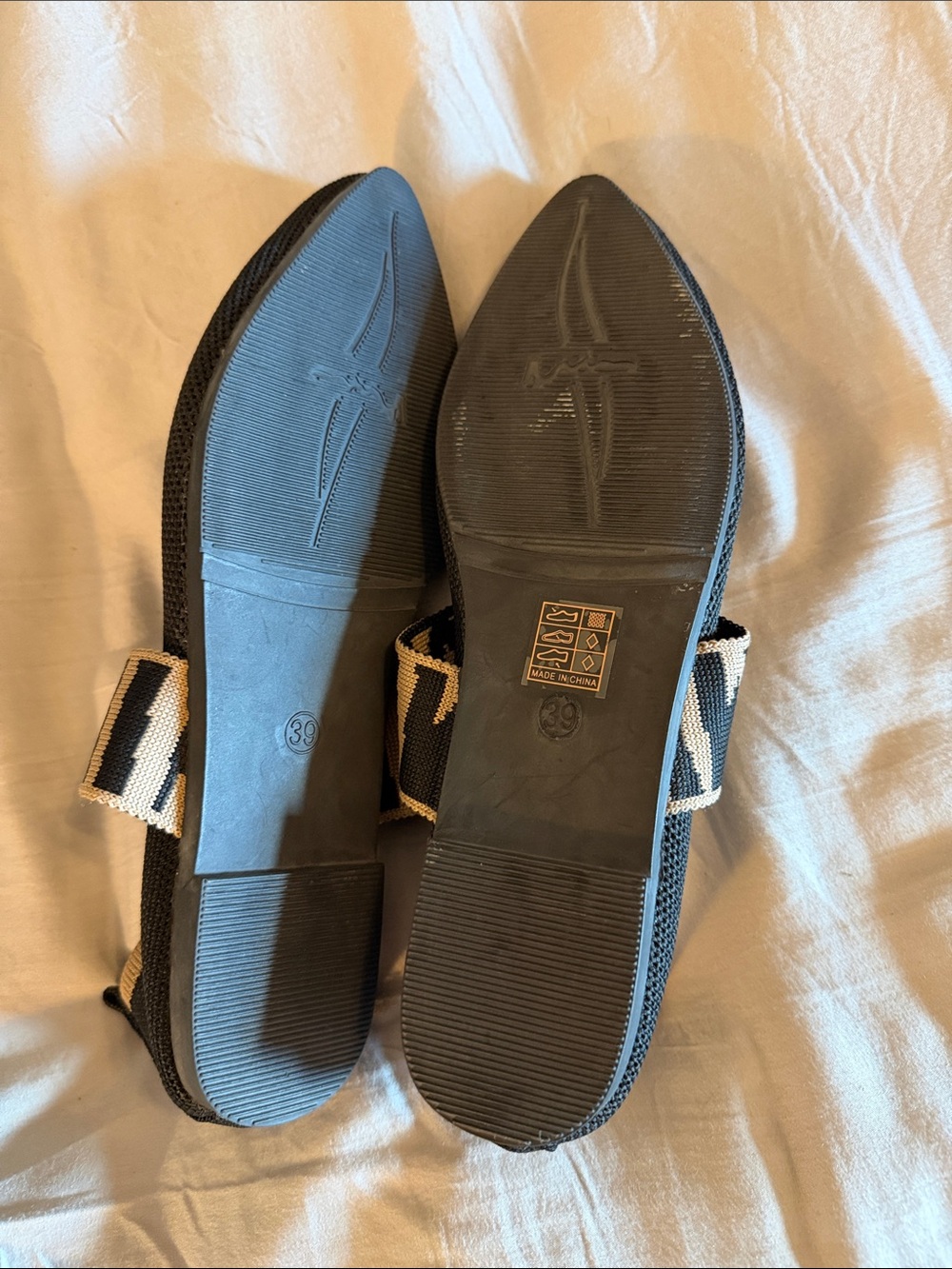 Black Knit Pointed Mary Jane Flats with Cream-Trim Zebra Strap - Picture 4 of 4